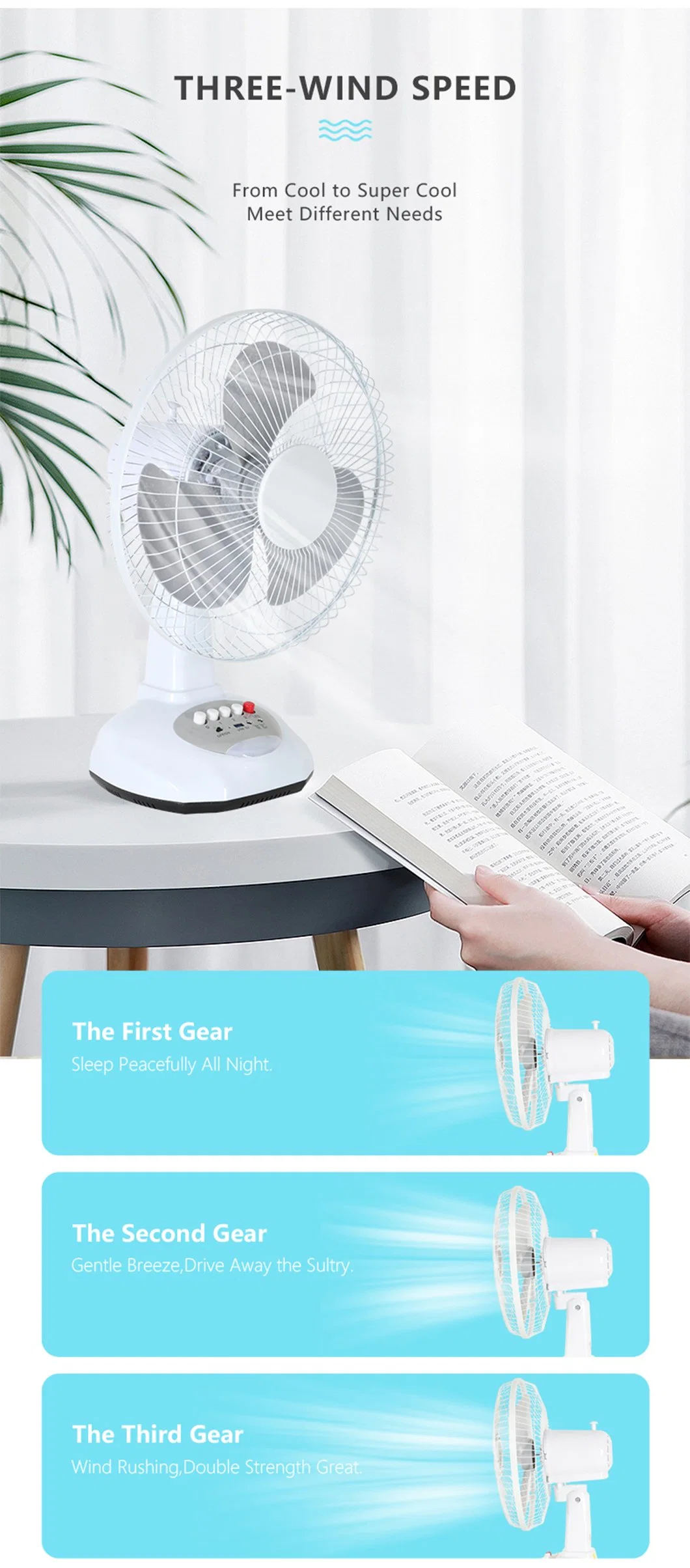 Office Home Solar Battery Rechargeable Table Fan DC Table Desk Fans Use Emergency LED Light USB Charge Pedestal Fan